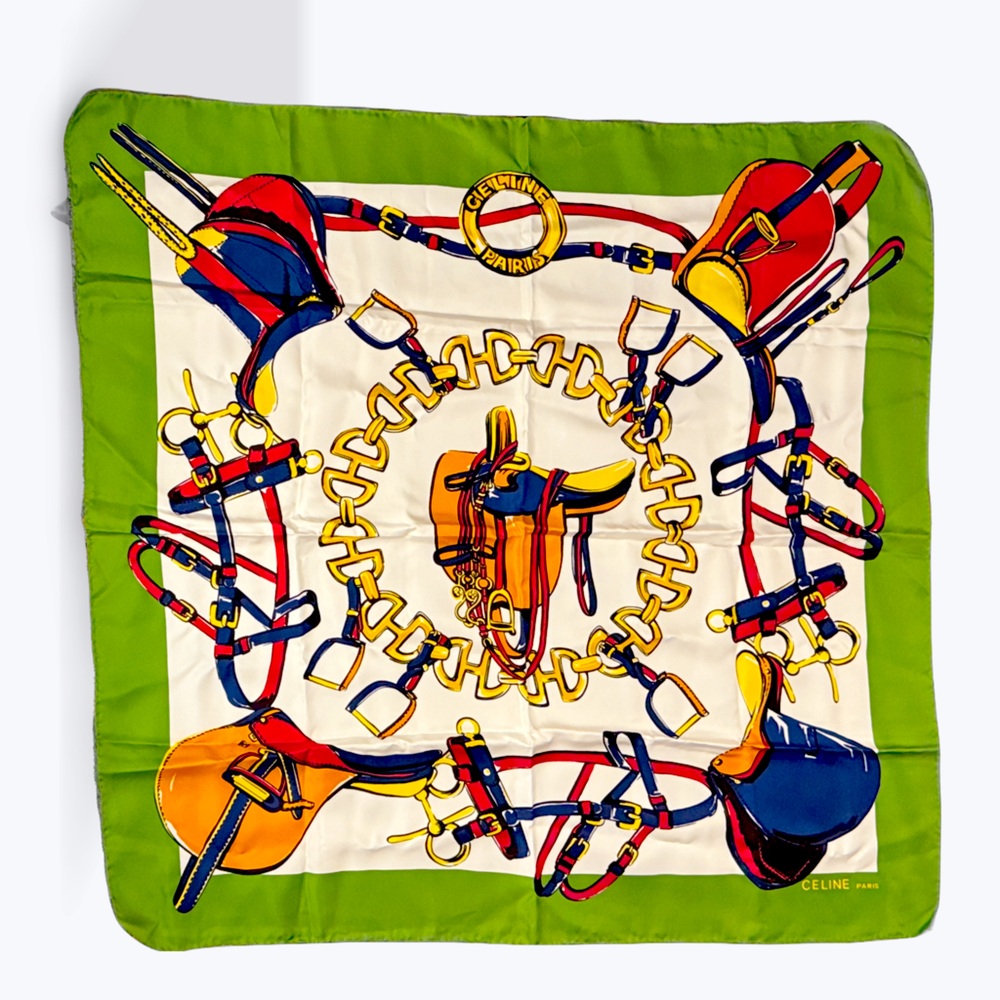 VTG Céline Paris Scarf "Les Rivieres de Babel" Green 100% Silk